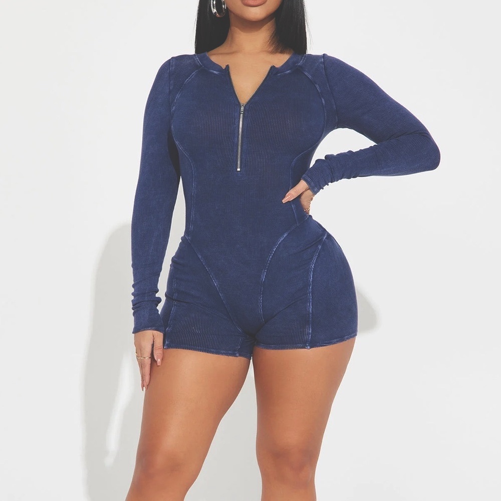 Navy Long Sleeve Zip-Up Romper